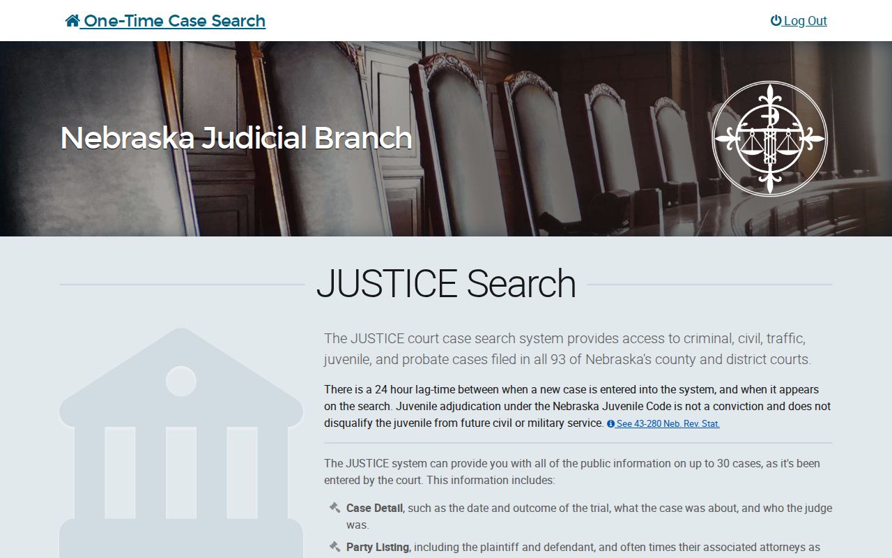 Gosper County case search on the Nebraska JUSTICE start screen
