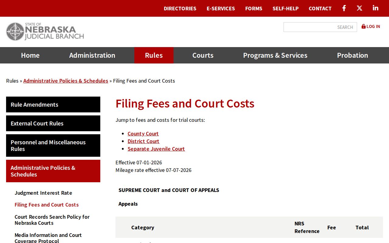 Gosper civil docket Nebraska court copy and certification fee schedule