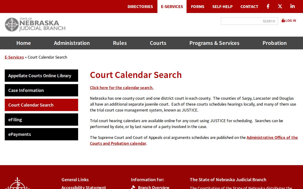 Gosper court calendar Nebraska Judicial Branch official calendar landing page