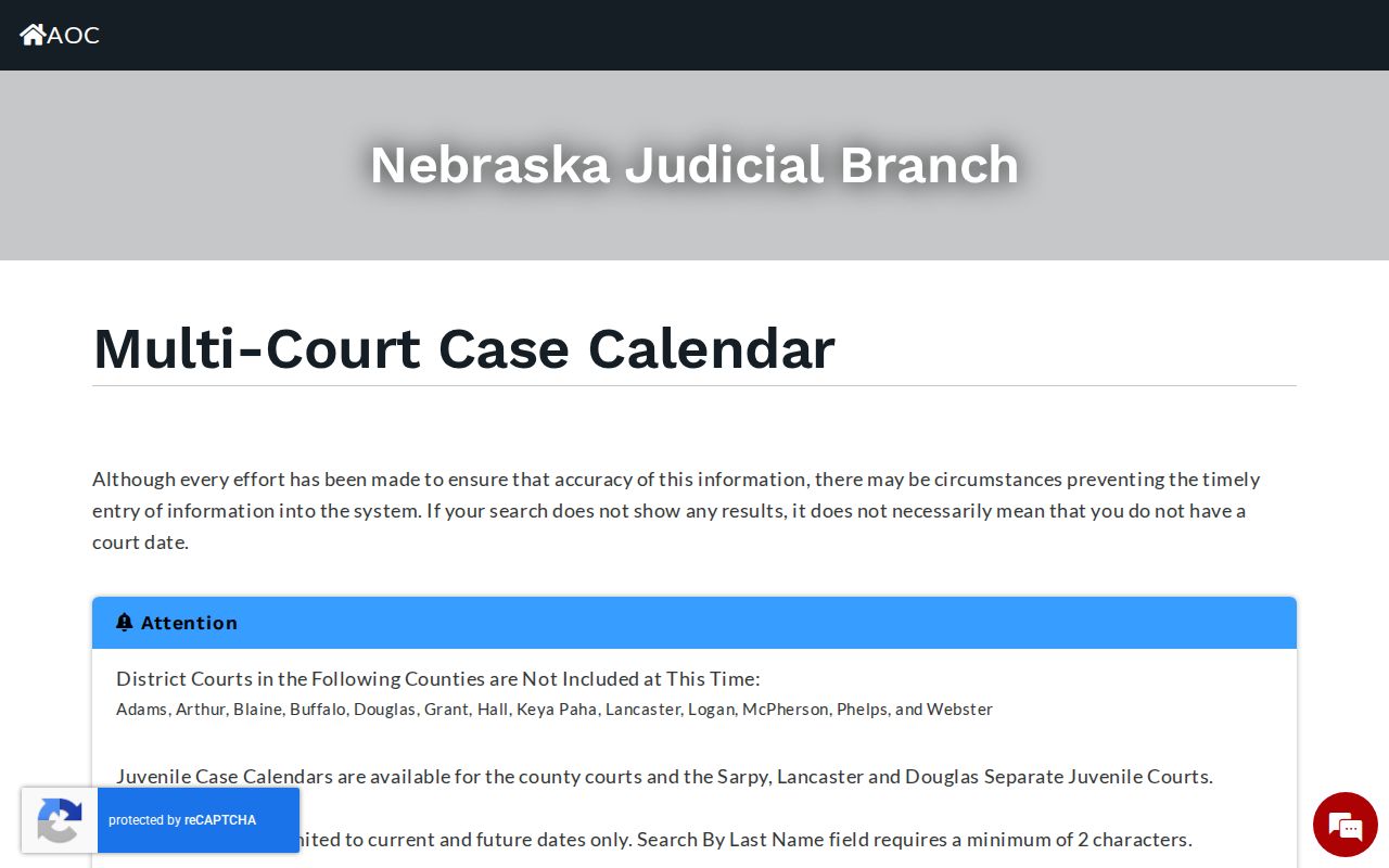 Gosper court calendar search interface with court type county and date controls