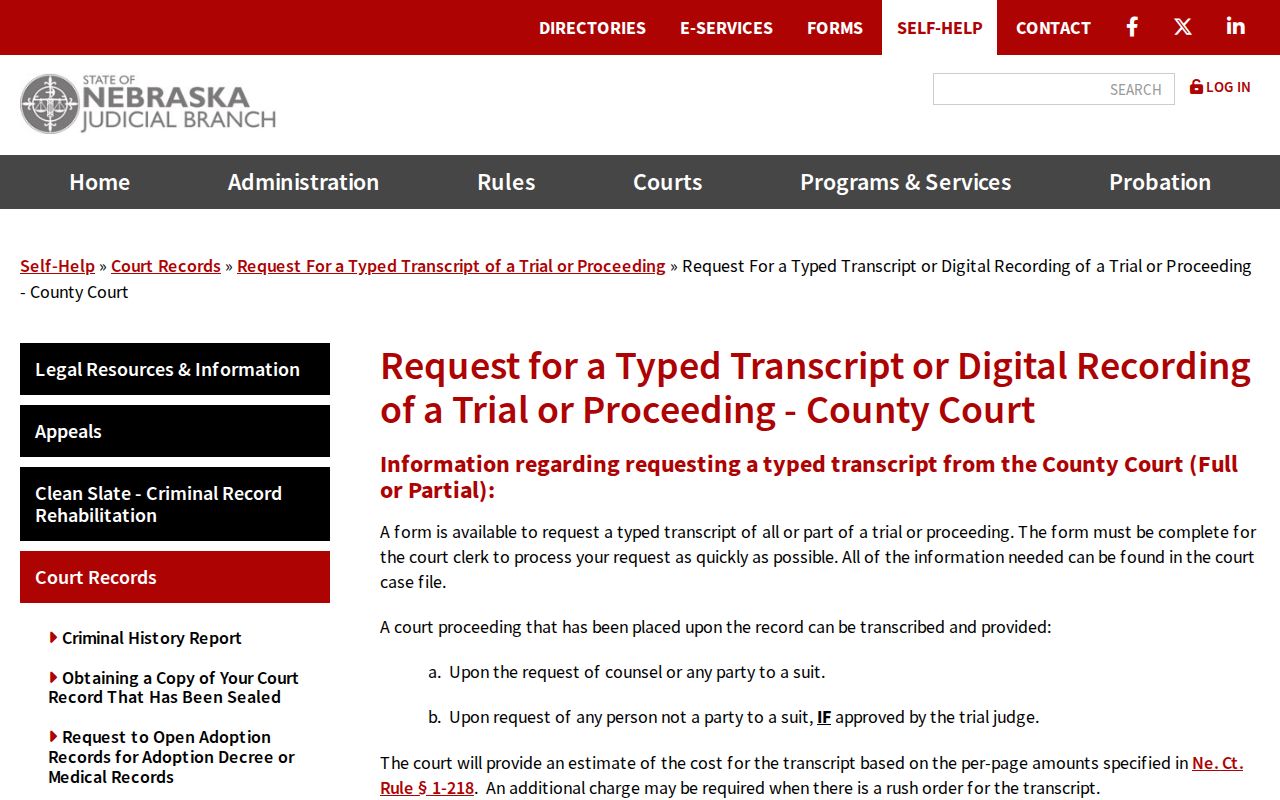 Gosper County court records transcript and digital audio request information