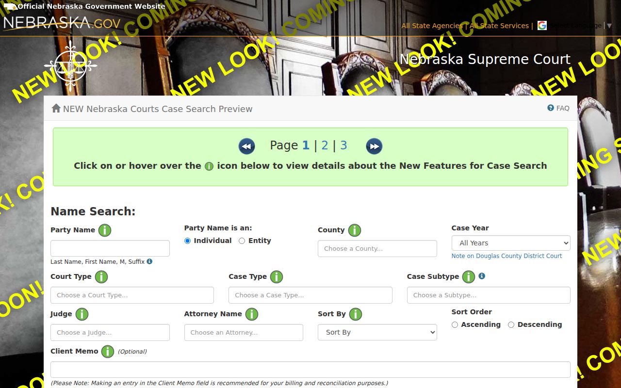 Gosper criminal docket JUSTICE search form with party and court filters