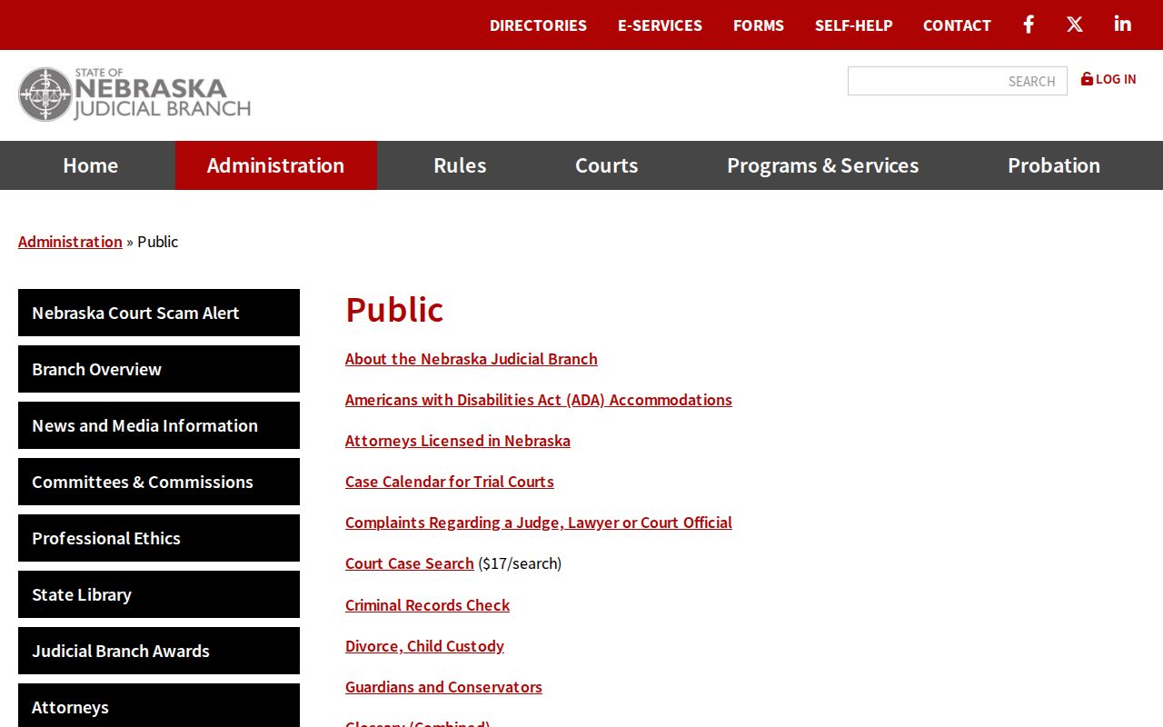 Gosper County court docket public access page for Nebraska court services