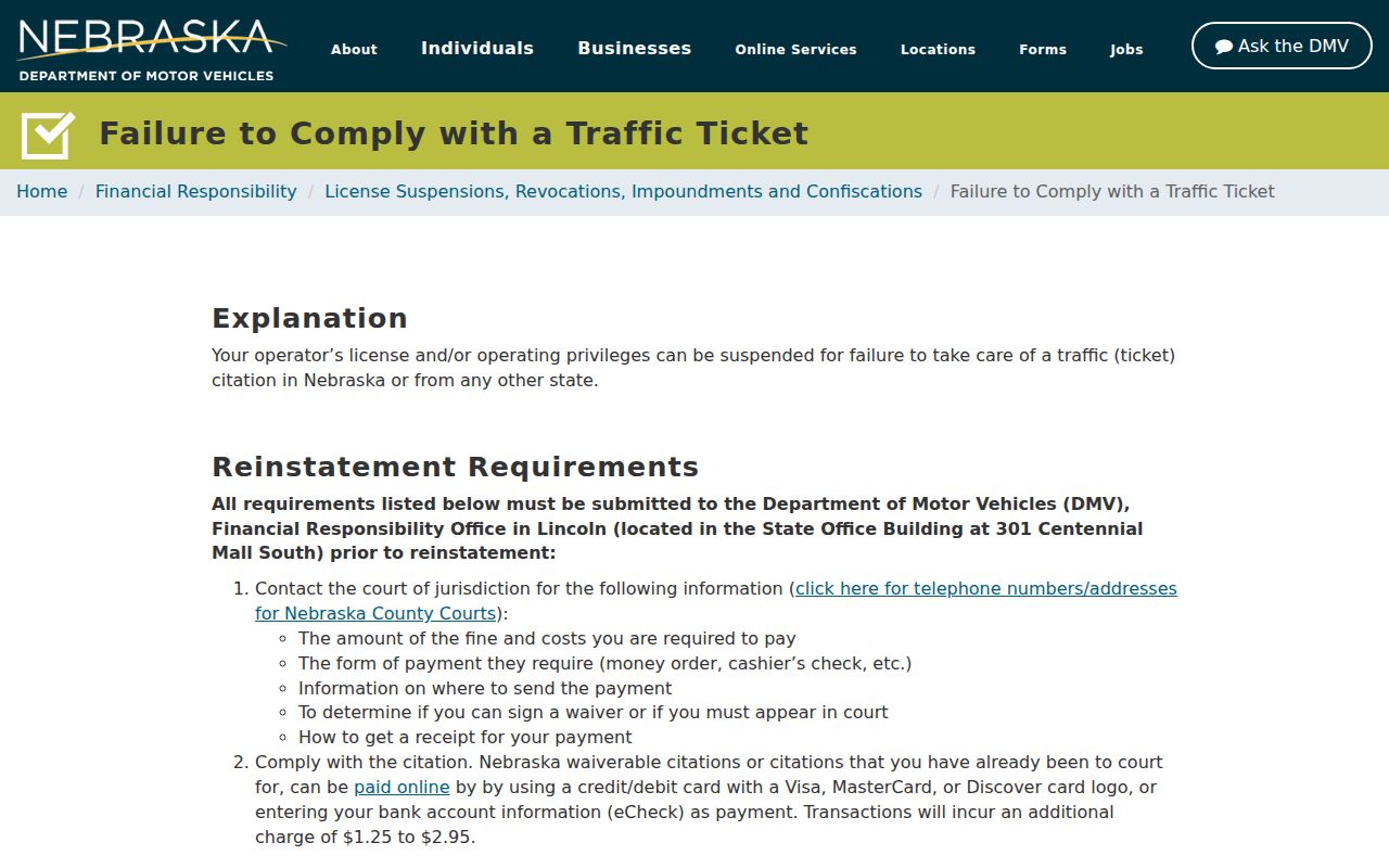 Gosper County traffic court records and Nebraska DMV compliance distinction
